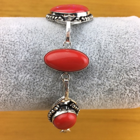 New Pink Dichroic Iridescent Triplet Opal & Coral Silver Overlay Bracelet - Picture 4 of 8